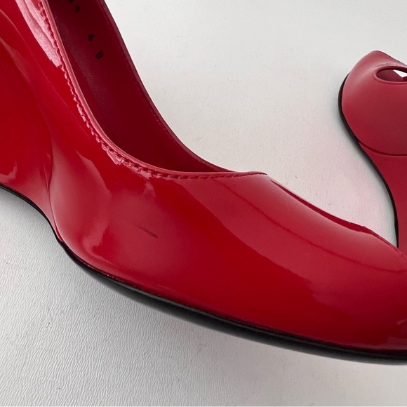 GUCCI | Red Patent Leather GG Logo Peep Toe Wedge Pumps Heels Shoes Size 6 US - Picture 12 of 15